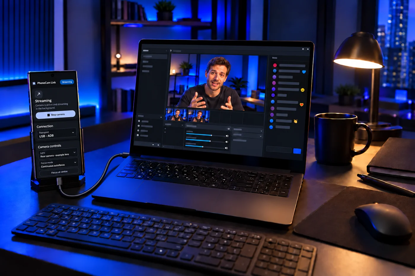Illustrated unbranded phone and Windows laptop showing a creator’s livestream