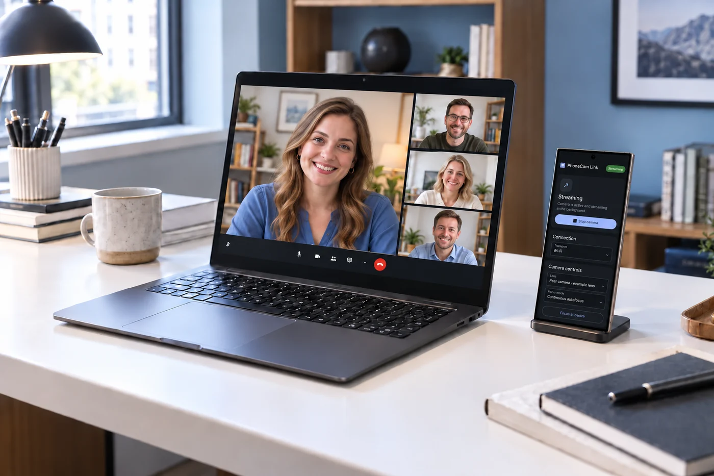 Illustrated unbranded laptop and Android phone showing a video meeting